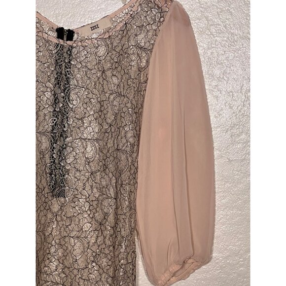 ISSI Medium Lace Top With Sheer Puff Sleeves  Back Zipper Neutral Beige & Black - Picture 6 of 12